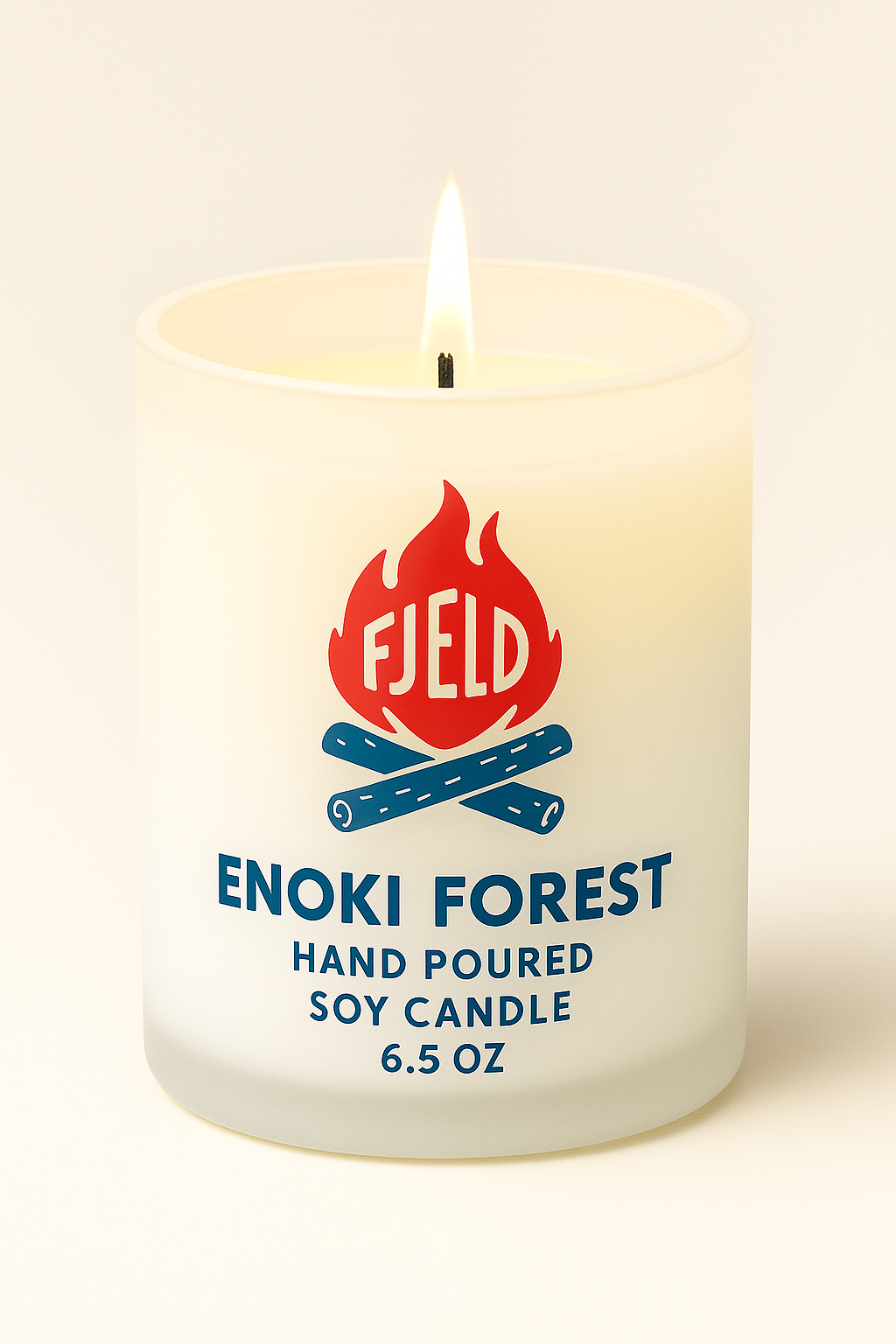 FJELD Enoki Forest candle with a flame on a white background